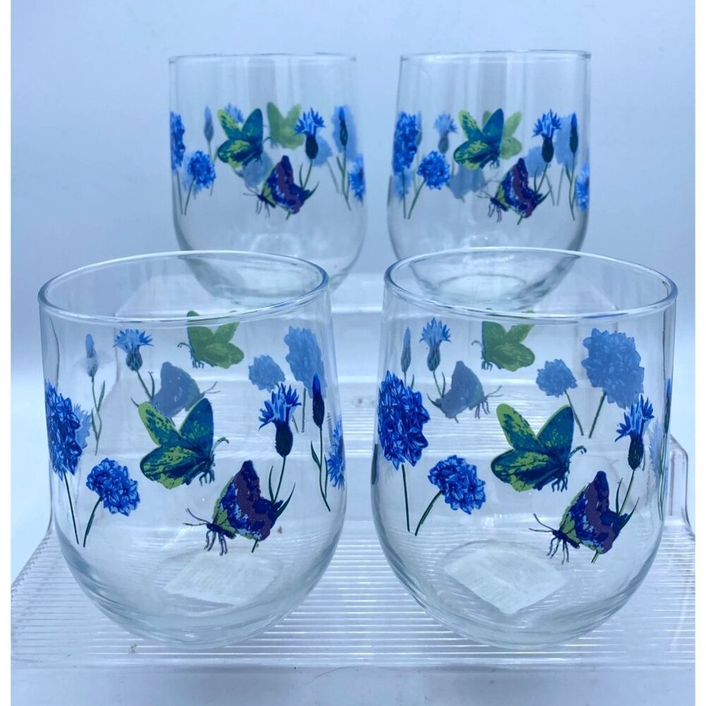 Flowers and Flying Butteries Painted Wine/Beer/Water Glasses(4) 16oz